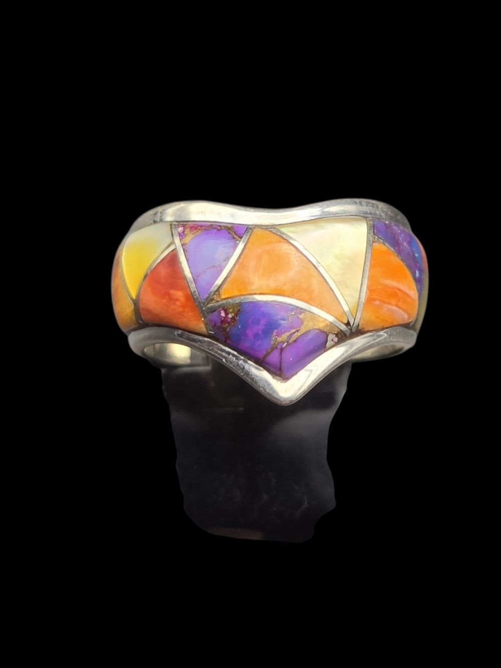 Sterling Silver Mosaic Inlay Ring, Purple Turquoise & Spiny Oyster, Sz 6.25